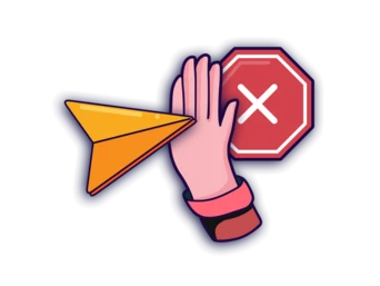 A hand is raised in a stopping gesture, while a paper airplane and a stop sign with an "X" are depicted nearby.