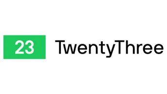 Green square with the number "23" next to the text "TwentyThree" in black font.