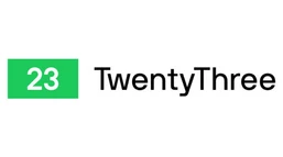 Green square with the number "23" next to the text "TwentyThree" in black font.
