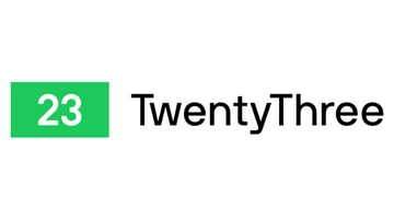Green square with the number "23" next to the text "TwentyThree" in black font.