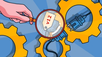A hand holds a magnifying glass over a tag labeled "v12," positioned near yellow gears and an electrical plug, suggesting a focus on mechanical or electrical components.