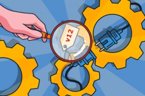 A hand holds a magnifying glass over a tag labeled "v12," positioned near yellow gears and an electrical plug, suggesting a focus on mechanical or electrical components.