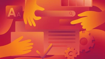 Multiple hands interact with design elements, including a search bar, text boxes, and gears, set against a gradient background. The scene suggests collaboration in a digital or creative process.