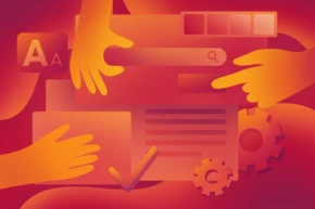 Multiple hands interact with design elements, including a search bar, text boxes, and gears, set against a gradient background. The scene suggests collaboration in a digital or creative process.