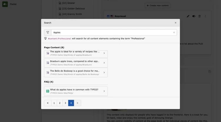 Suchoberfläche, die Ergebnisse für "Äpfel" anzeigt, einschließlich Seiteninhalten und häufig gestellten Fragen zu Rezepten und TYPO3.