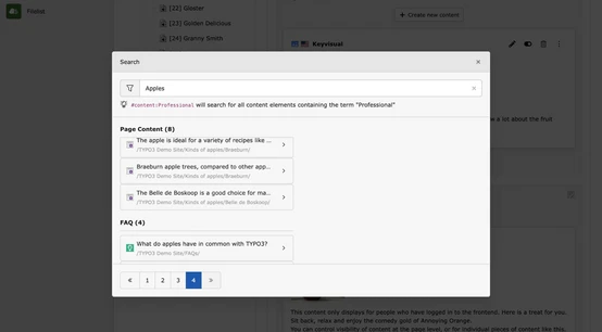 Suchoberfläche, die Ergebnisse für "Äpfel" anzeigt, einschließlich Seiteninhalten und häufig gestellten Fragen zu Rezepten und TYPO3.