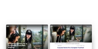 Two screens displaying an article titled "9 success factors for a European TrustTech startup," featuring a woman working at a desk.