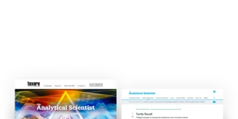 Two computer screens displaying web pages. One features the "Analytical Scientist" logo, while the other discusses "Turtle Recall" with an image of a turtle.