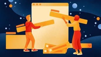 Two figures are assembling large yellow elements around a blank screen, suggesting a collaborative design or construction process. The background features abstract shapes in various colors, enhancing the creative atmosphere.