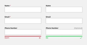 Form layout displaying fields for name, email, and phone number, with indicators for required and optional entries. The left side shows "Don't" with a red cross, while the right side shows "Do" with a green checkmark.