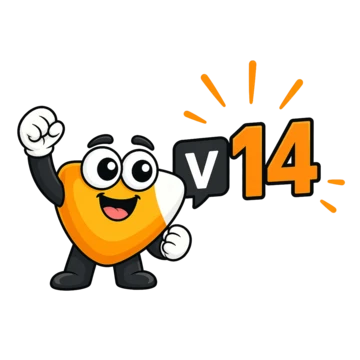 Cartoon character with a heart-shaped body, smiling and raising a fist, next to the text "v14" in a speech bubble.