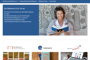 A woman with curly hair sits on a patterned couch, holding a book and smiling. The background features decorative elements, and text highlights resources related to the Catholic Bible and its study.