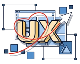 The design features the letters "UX" prominently, surrounded by graphical elements like arrows and shapes, symbolizing user experience and interface design.