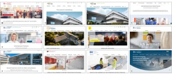 Collage of various healthcare websites showcasing hospital buildings, medical professionals, and patient care services. Text includes "Ich will mehr" and mentions of international patients and telemedicine options.