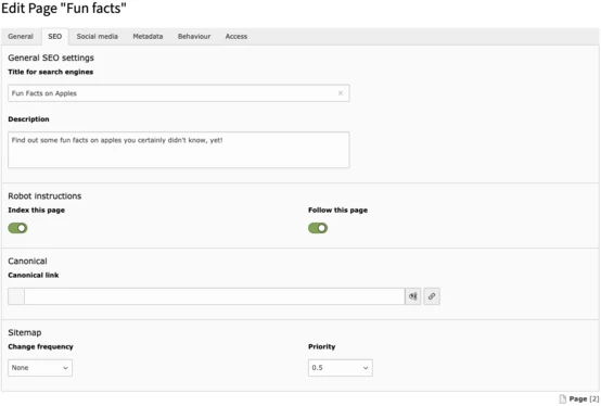 TYPO3 SEO-Einstellungen für eine Seite