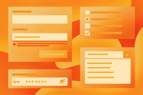 User interface elements on an orange background, including text input fields, checkboxes, and a password entry field with a visibility toggle.