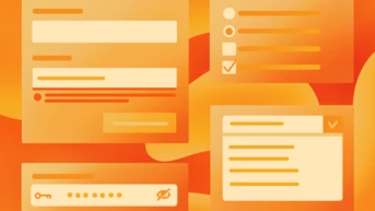 User interface elements on an orange background, including text input fields, checkboxes, and a password entry field with a visibility toggle.