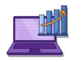 Laptop with a rising bar graph displayed on the screen, indicating growth or progress in data.