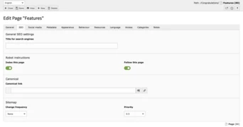 Screenshot of SEO Tab within Page Features