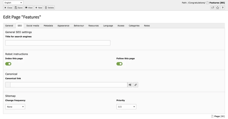 Screenshot of SEO Tab within Page Features