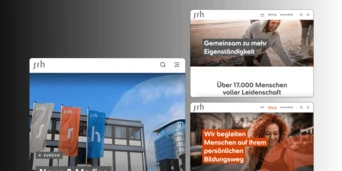 Website-Layout mit dem SRH-Logo, Bereichen für Nachrichten und Medien sowie verschiedenen Bildungsthemen mit Bildern von Menschen, die an Aktivitäten teilnehmen.