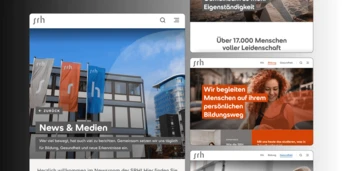 Website layout featuring the SRH logo, sections for news and media, and various educational topics with images of people engaged in activities.
