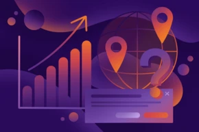 A stylized graphic featuring a bar chart with an upward trend, a globe with location markers, and a question mark, all set against a purple background with abstract shapes.