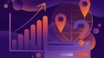 A stylized graphic featuring a bar chart with an upward trend, a globe with location markers, and a question mark, all set against a purple background with abstract shapes.