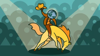 Ein Cowboy mit einem Hut und einem Globus als Kopf reitet auf einem gelben Pferd, das im Rampenlicht vor einem stilisierten Hintergrund aus grünen Hügeln und abstrakten Formen steht.