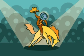 A cowboy wearing a hat and a globe for a head rides a yellow horse, spotlighted against a stylized background of green hills and abstract shapes.