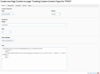 Form for creating new page content in TYPO3, featuring fields for content type, header, type, code language, and a text area for code input. The header indicates "Code Block" and includes a code snippet.
