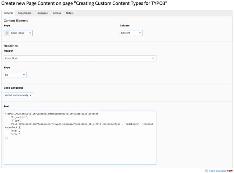 Form for creating new page content in TYPO3, featuring fields for content type, header, type, code language, and a text area for code input. The header indicates "Code Block" and includes a code snippet.