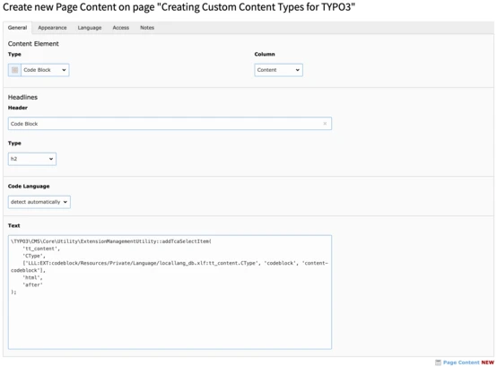 Form for creating new page content in TYPO3, featuring fields for content type, header, type, code language, and a text area for code input. The header indicates "Code Block" and includes a code snippet.