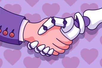 A human hand shakes a robotic hand against a purple background with heart patterns, symbolizing collaboration between humans and technology.