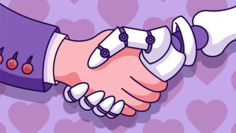 A human hand shakes a robotic hand against a purple background with heart patterns, symbolizing collaboration between humans and technology.