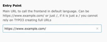 Text box displaying instructions for setting the main URL for a frontend in default language, with an example URL provided: "https://www.example.com/".