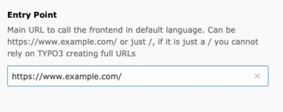 Text box displaying instructions for setting the main URL for a frontend in default language, with an example URL provided: "https://www.example.com/".