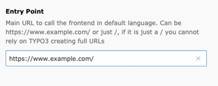 Text box displaying instructions for setting the main URL for a frontend in default language, with an example URL provided: "https://www.example.com/".