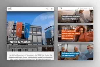 Website layout featuring the SRH logo, news section, and promotional content about education and healthcare services.
