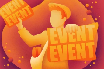 A person holds two large signs displaying the word "EVENT" in bold letters. The figure is stylized with a simplified design and a warm color palette, set against a vibrant background.