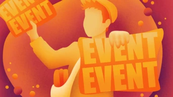 A person holds two large signs displaying the word "EVENT" in bold letters. The figure is stylized with a simplified design and a warm color palette, set against a vibrant background.