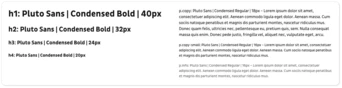 Textproben, die verschiedene Schriftarten und -größen zeigen, einschließlich „Pluto Sans | Condensed Bold“ in unterschiedlichen Pixelgrößen (40px, 32px, 24px und 20px) sowie Platzhaltertext.