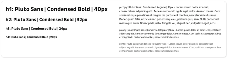 Text samples displaying various font styles and sizes, including "Pluto Sans | Condensed Bold" in different pixel sizes (40px, 32px, 24px, and 20px) along with placeholder text.