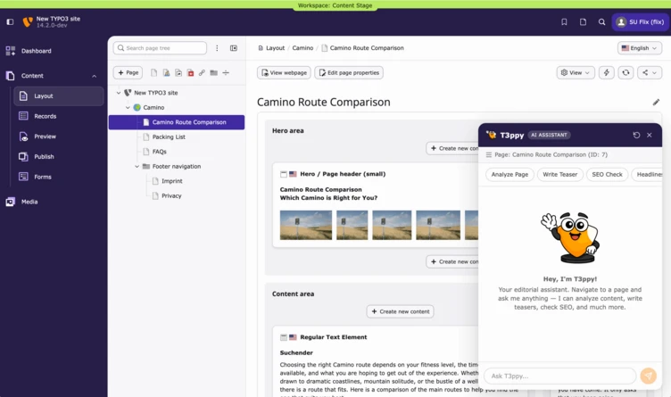 Dashboard interface displaying a project titled "Camino Route Comparison," featuring content areas and a chat window with a virtual assistant named Tippy.