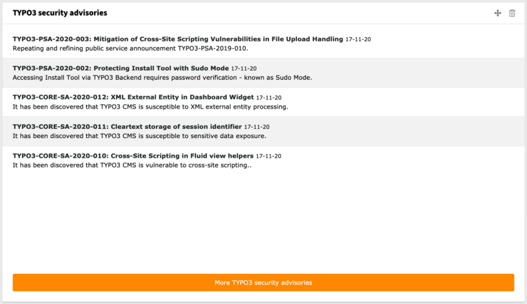 Screenshot showing TYPO3 security advisories widget