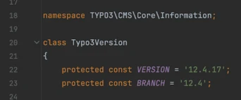 Code snippet displaying a PHP class named `Typo3Version` within the namespace `TYPO3\CMS\Core\Information`. It includes two protected constants: `VERSION` set to '12.4.17' and `BRANCH` set to '12.4'.