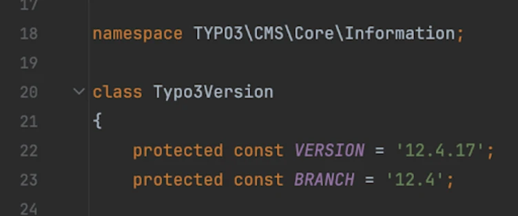 Code snippet displaying a PHP class named `Typo3Version` within the namespace `TYPO3\CMS\Core\Information`. It includes two protected constants: `VERSION` set to '12.4.17' and `BRANCH` set to '12.4'.
