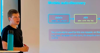 A presenter explains a diagram about auto-discovery models, highlighting the roles of Admin and AiM in a tech context.