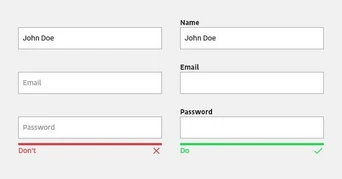Form fields for user registration, including sections for Name, Email, and Password. The Password field shows a green checkmark indicating acceptance, while a red "Don't" indicates an issue with the input.