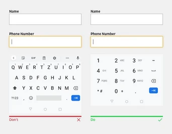 Two smartphone keyboard layouts for entering contact information. The left side shows a QWERTY keyboard with a red "Don't" indicator, while the right side displays a numeric keypad with a green "Do" indicator.